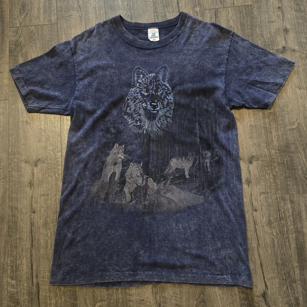 Vtg 90s Grey Wolf T Shirt Sz L Long Tie Dye Stone Wash Embroidered Made in USA